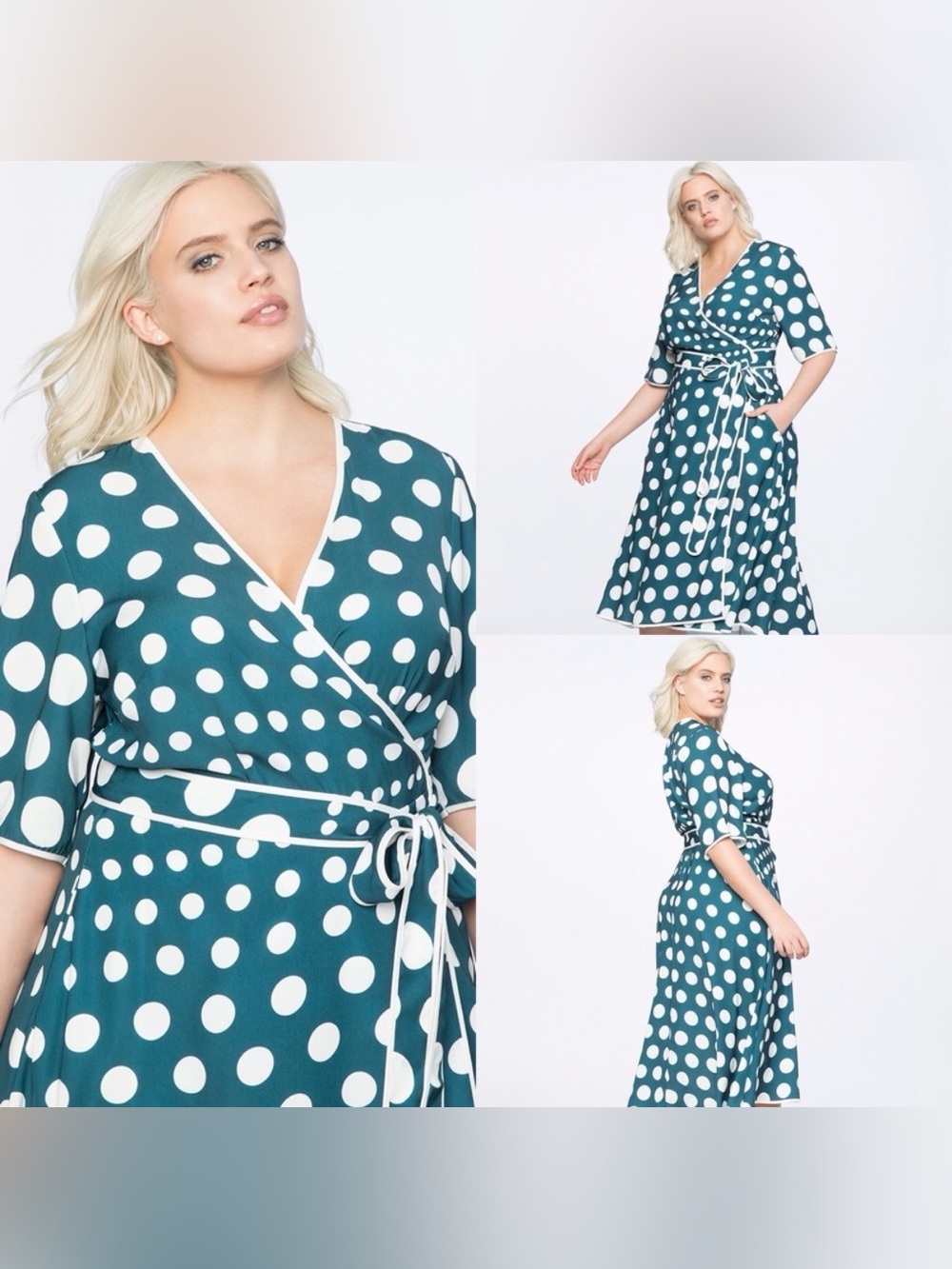 Eloquii Polka Dot Wrap Dress Green White Tie Waist V Neck Size 22 Pockets